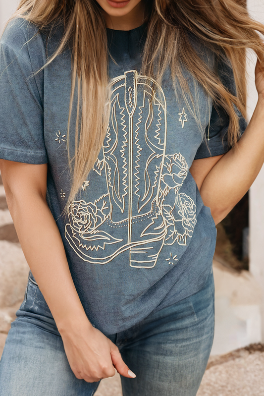 LDC Western Cowboy Boots Flower Graphic Tee