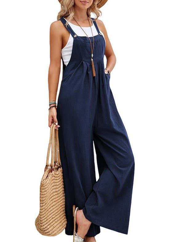 Pleated Pocket Button-Down Casual Bib Pants