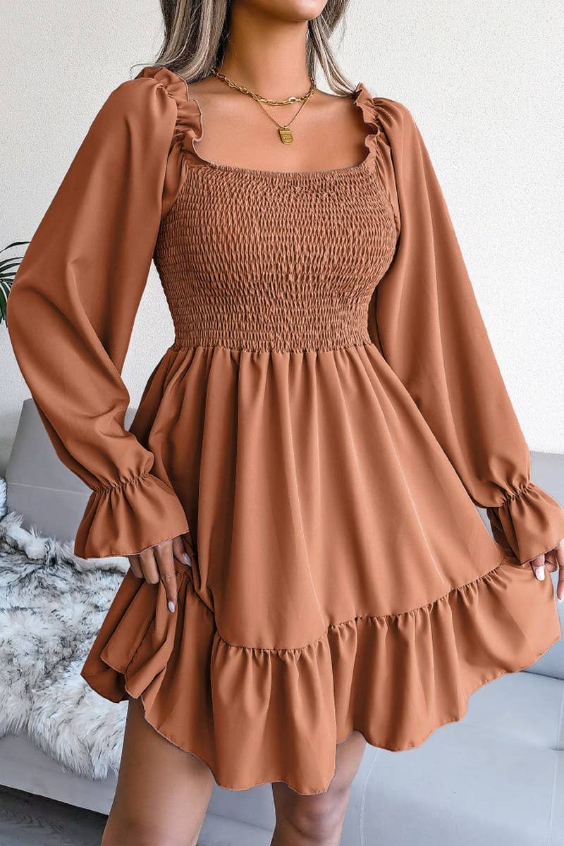 WOMEN SMOCKED FRILL SLEEVE LOOSE FIT RUFFLE DRESS_CWDSD1726