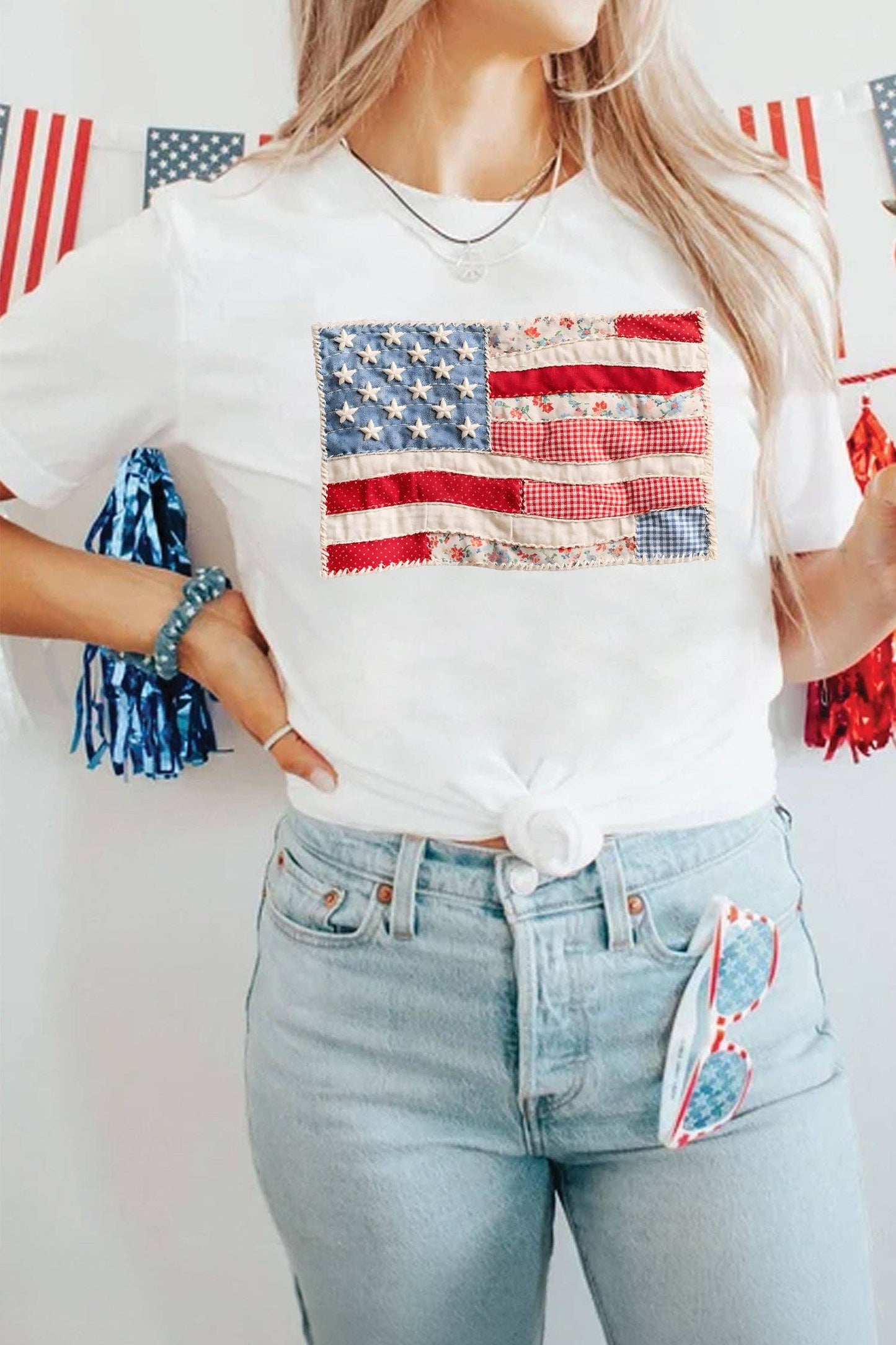 White USA Flag Patchwork Tee Independence Day Top