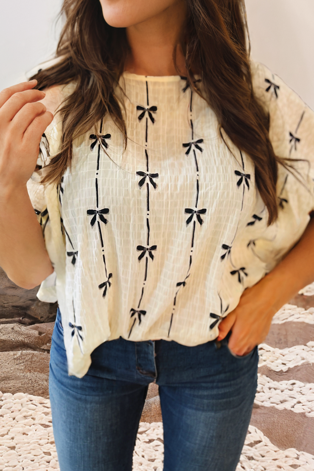 LDC Bow Print Puff Short Sleeve Top