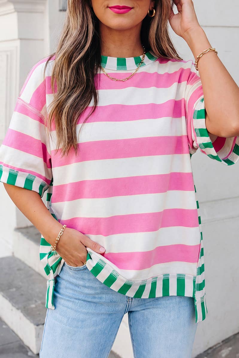 Stripe Contrast Trim Short Sleeve Top | S-XL