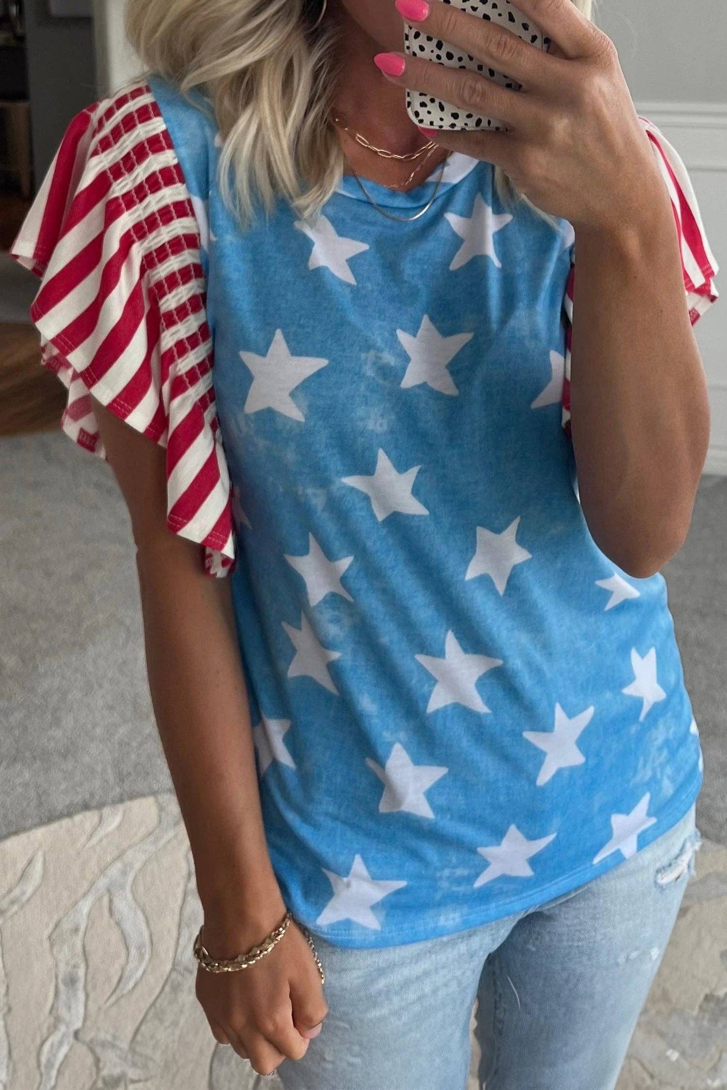 Blue Star Print Ruffle Sleeve Flag Day Patriotic Top