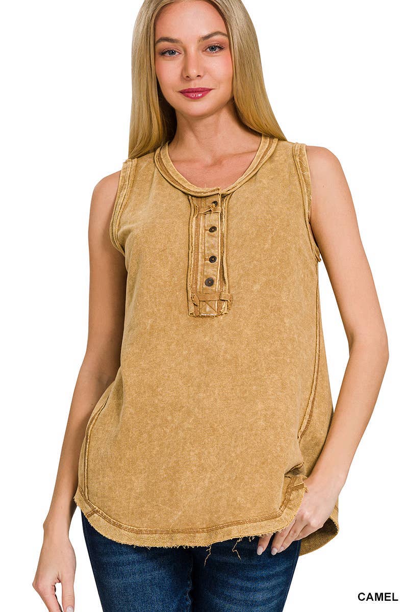 Washed Half-button Raw Edge Sleeveless Henley Top
