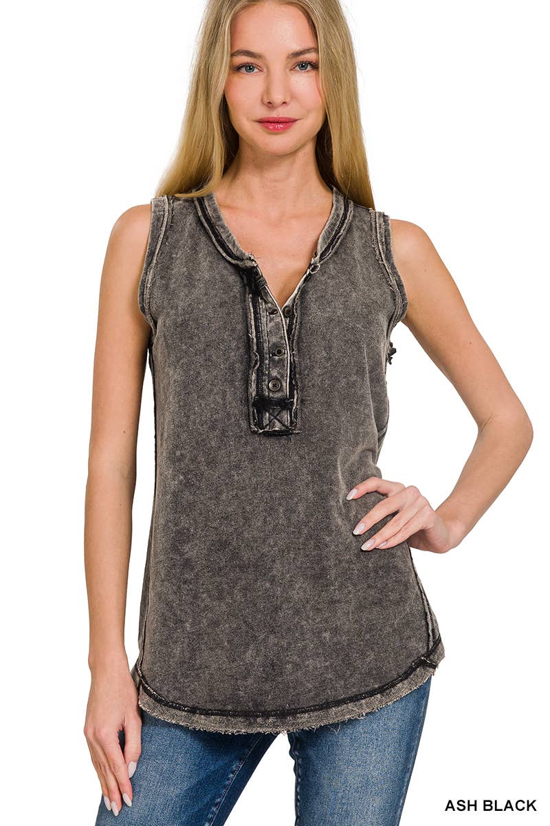 Washed Half-button Raw Edge Sleeveless Henley Top