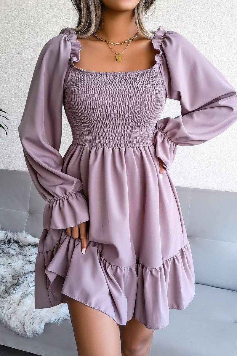 WOMEN SMOCKED FRILL SLEEVE LOOSE FIT RUFFLE DRESS_CWDSD1726