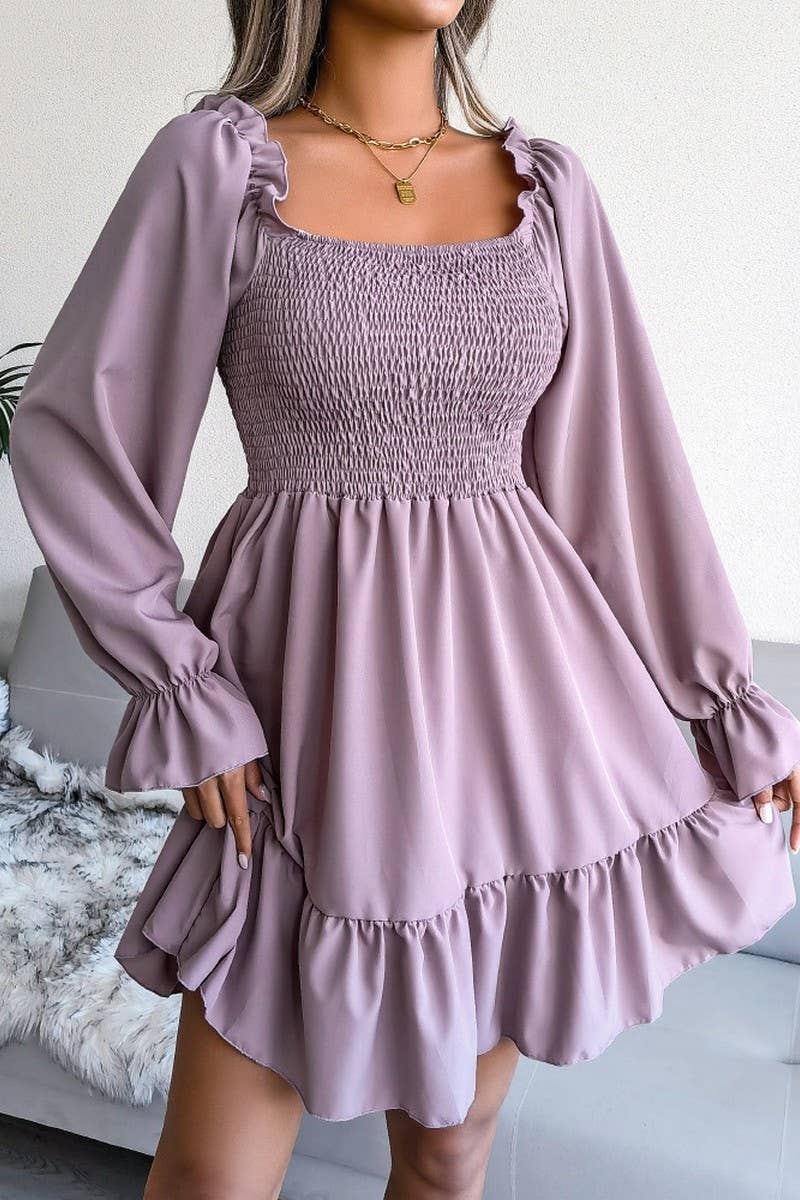 WOMEN SMOCKED FRILL SLEEVE LOOSE FIT RUFFLE DRESS_CWDSD1726