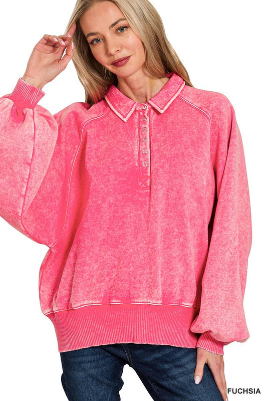 Acid Wash Fleece Button Up Collared Pullover: FUCHSIA / 3-3 (S/M-L/XL)