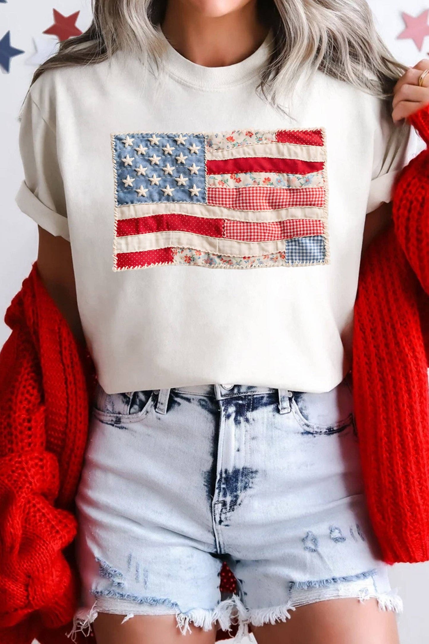 White USA Flag Patchwork Tee Independence Day Top