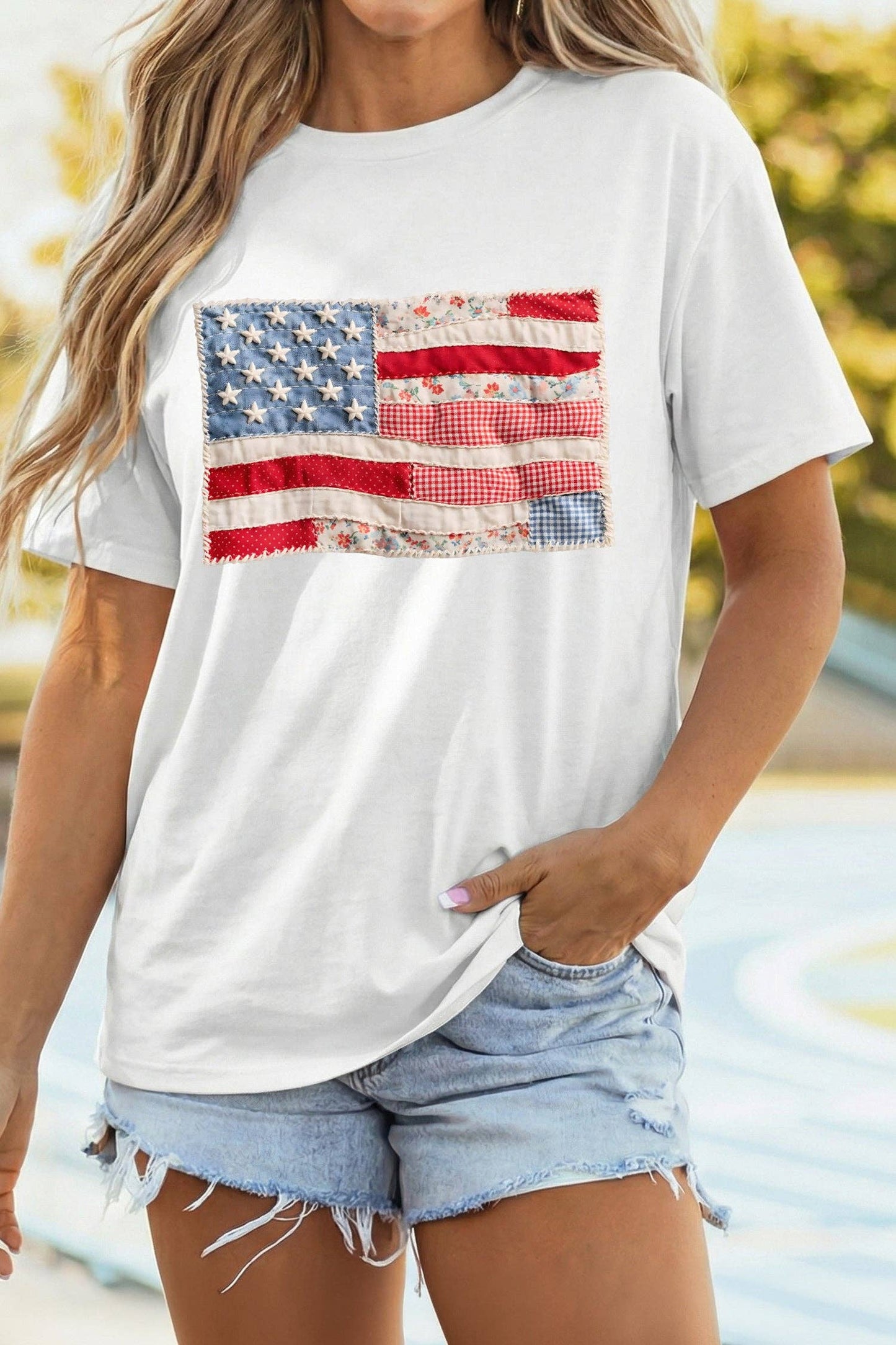 White USA Flag Patchwork Tee Independence Day Top
