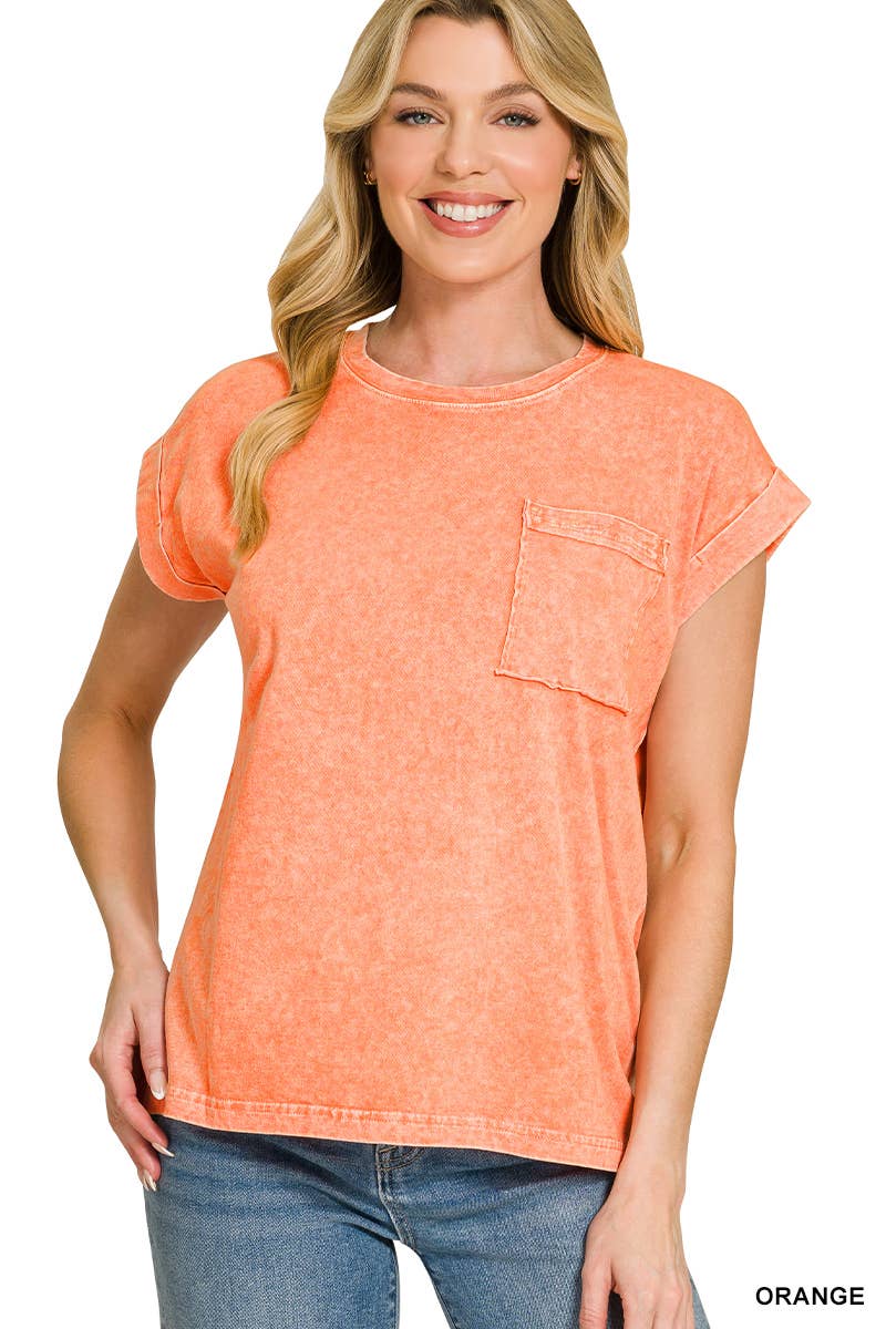 Halo Snow Washed Cuffed Short Sleeve Tee - Zenana