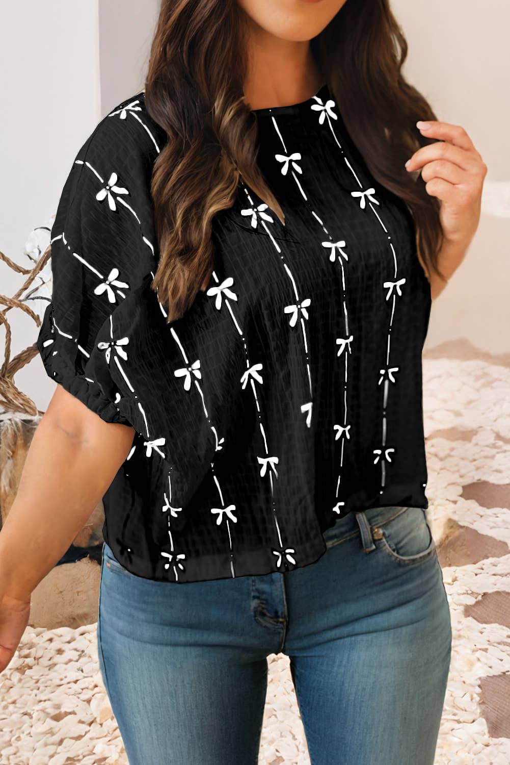 LDC Bow Print Puff Short Sleeve Top