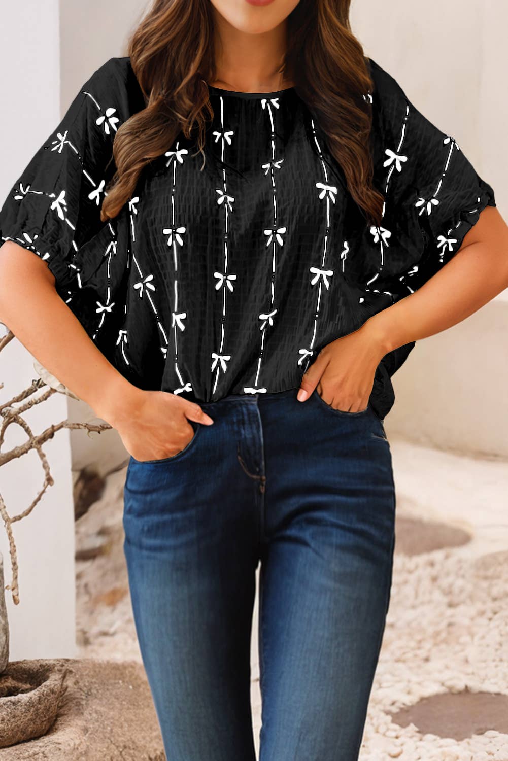 LDC Bow Print Puff Short Sleeve Top