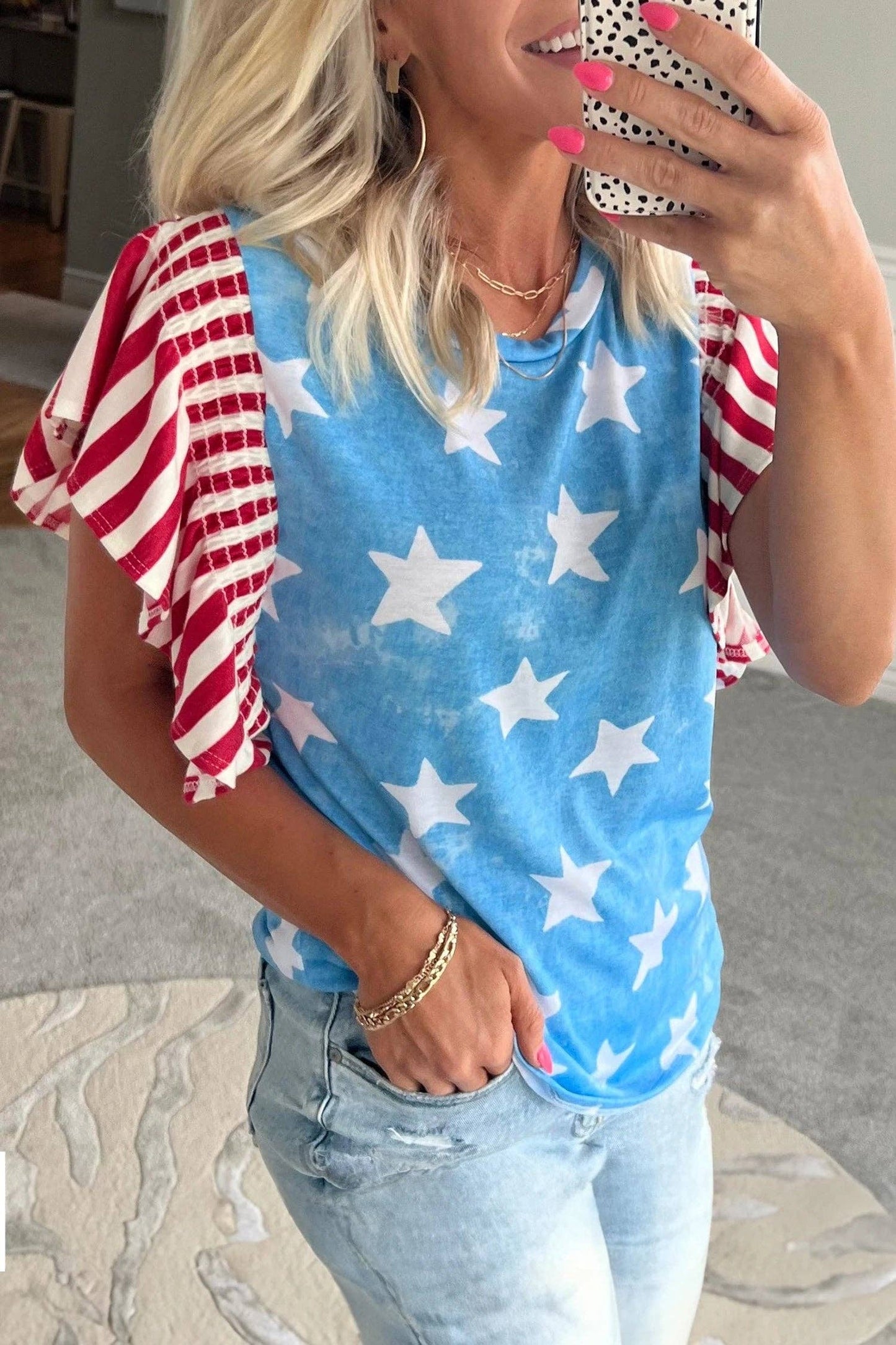 Blue Star Print Ruffle Sleeve Flag Day Patriotic Top