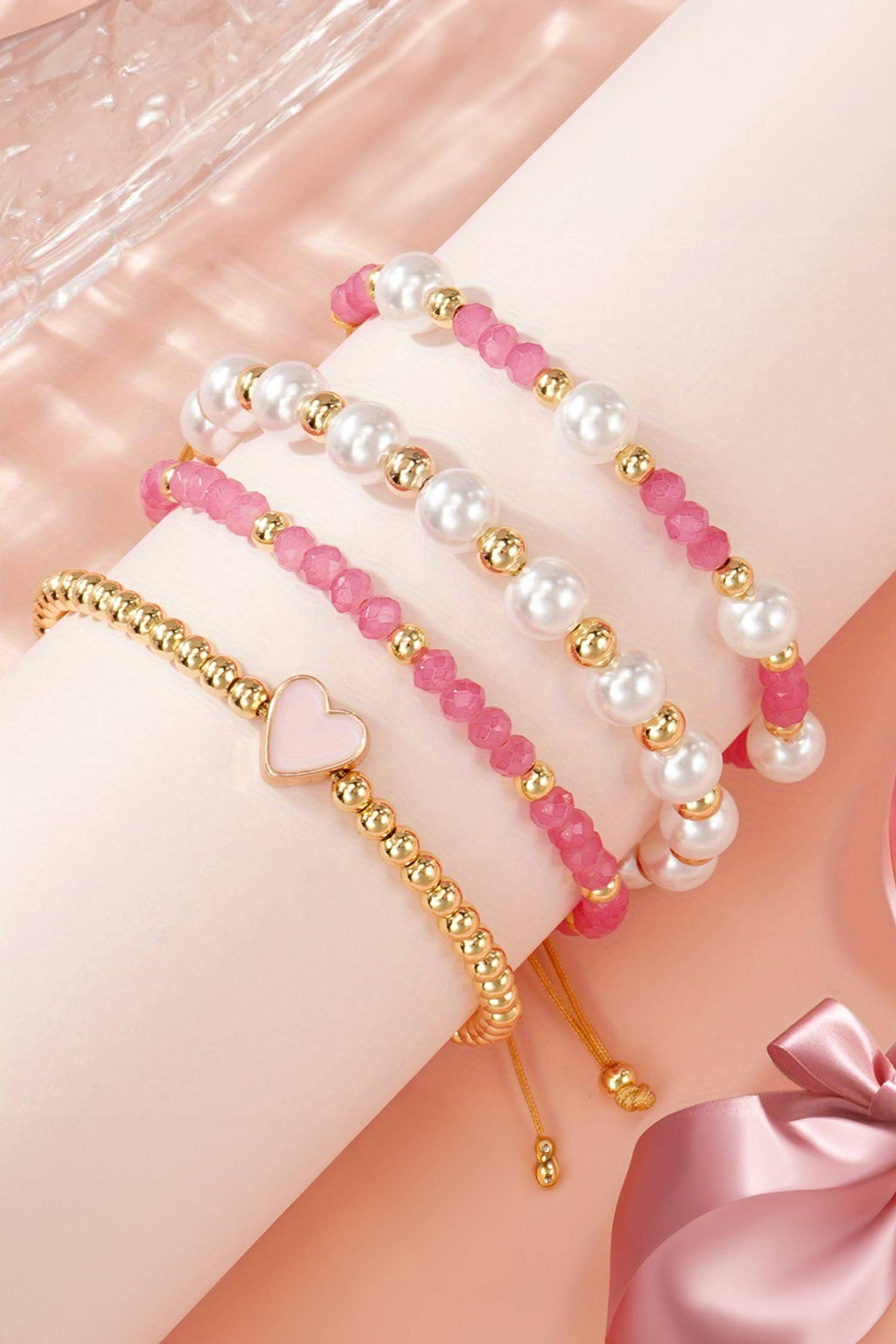 Valentines Golden Beads Adjustable String 4pcs Bracelet Set