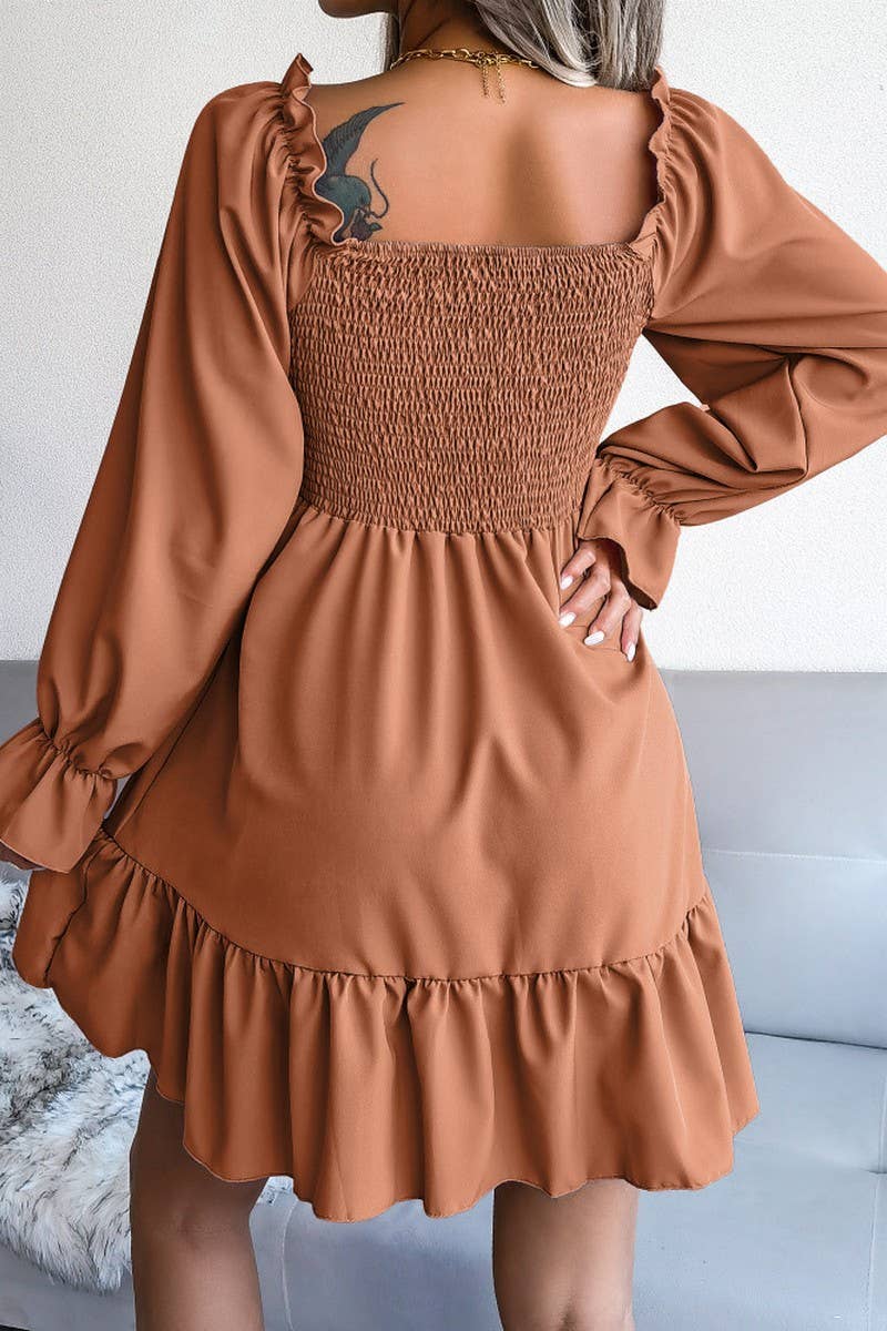WOMEN SMOCKED FRILL SLEEVE LOOSE FIT RUFFLE DRESS_CWDSD1726