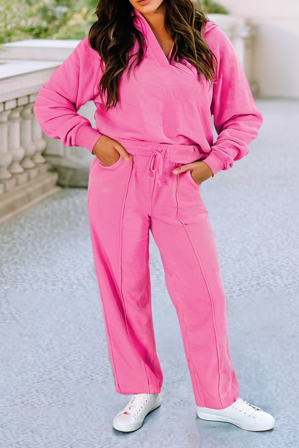 LDC Solid Color Collared Pullover and Central Seam Pants Set