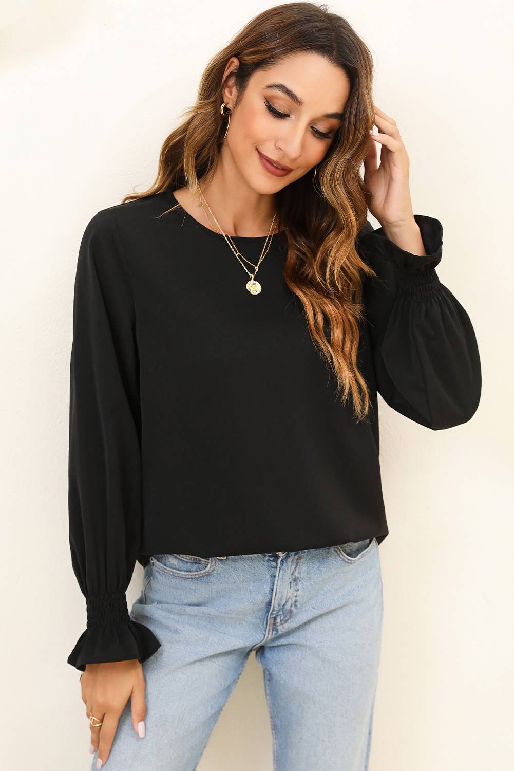 Crew Neck Ruffle Bubble Sleeve Top