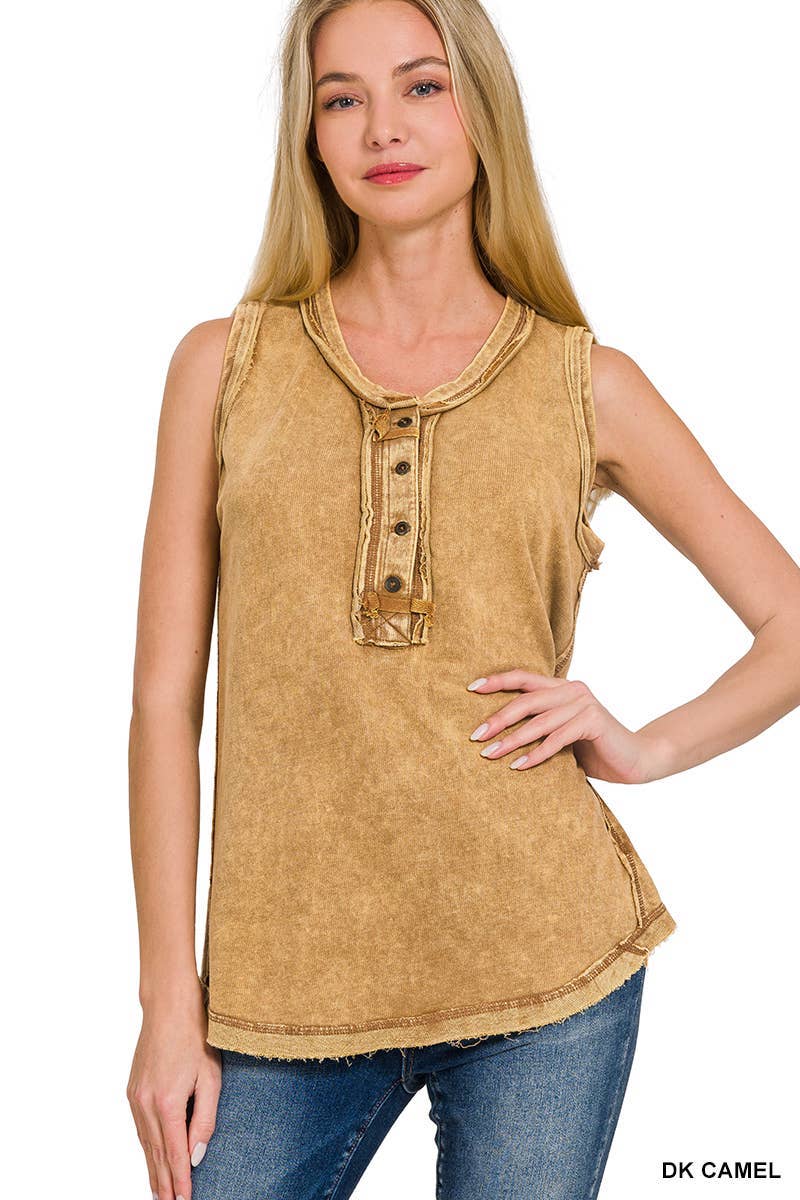 Washed Half-button Raw Edge Sleeveless Henley Top