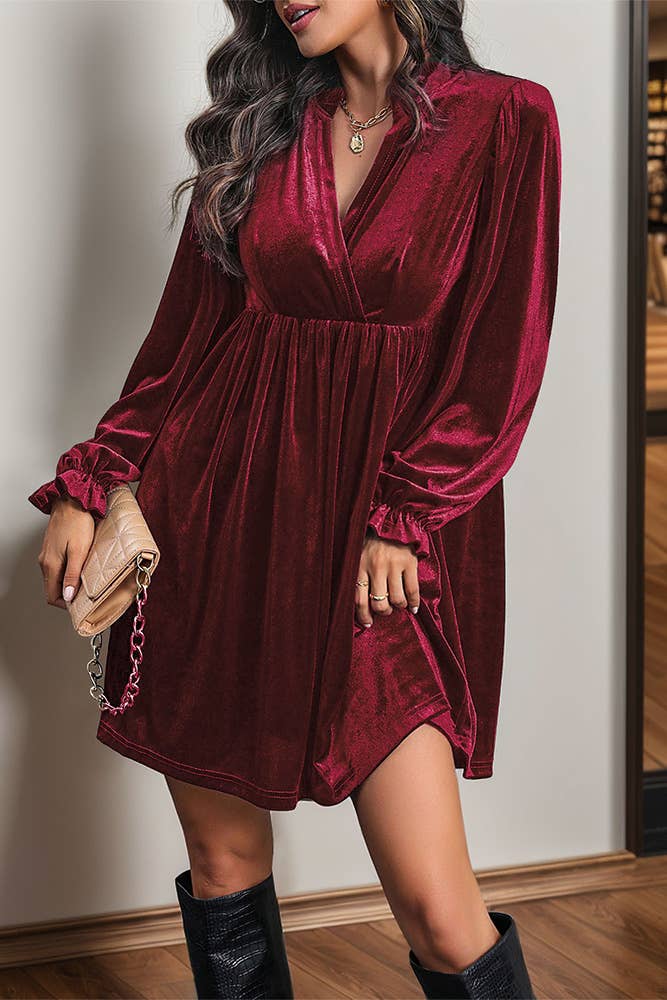 Velvet Pleated V Neck Long Sleeves Fall Winter Dress