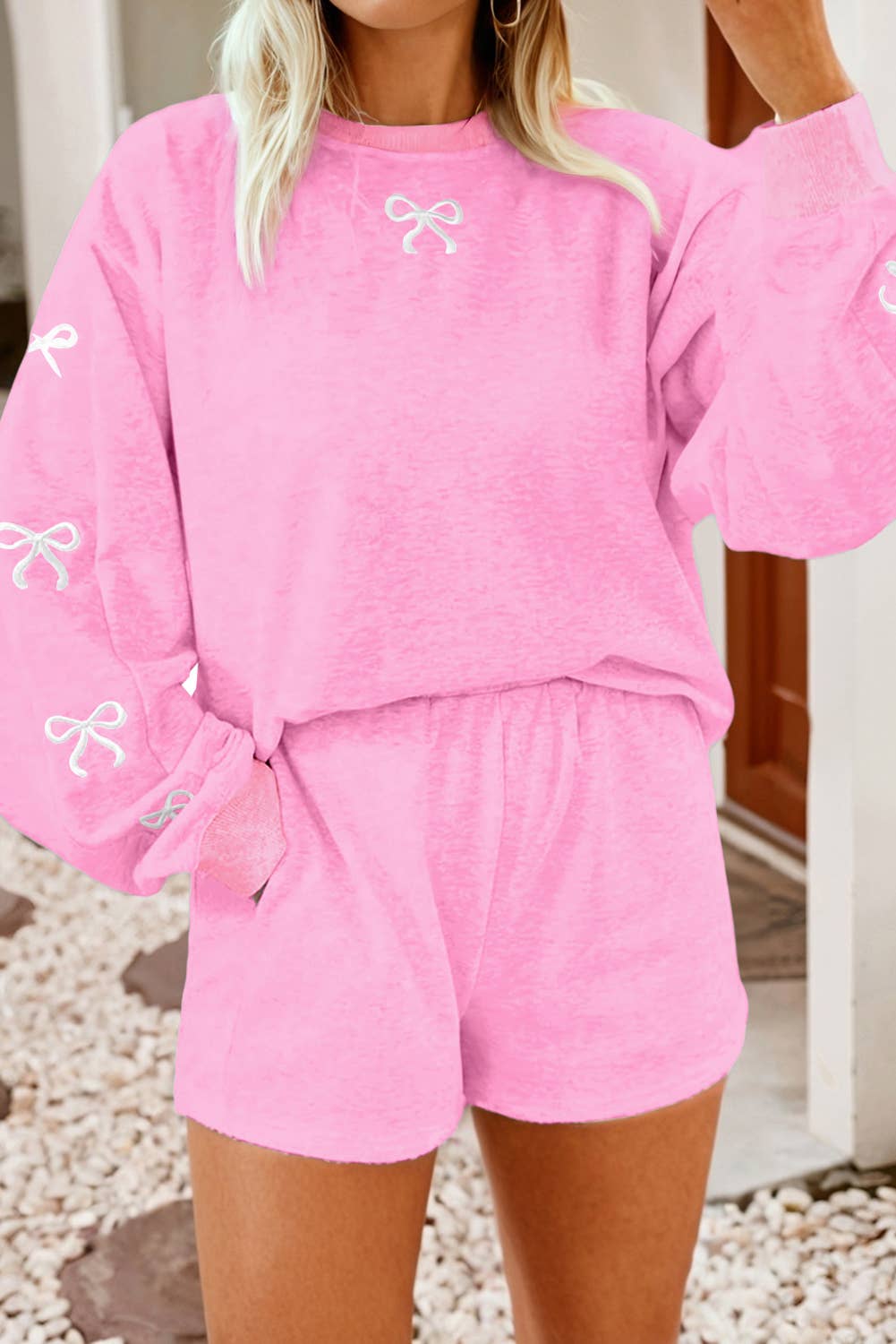 Bow Embroidered Puff Sleeve Pullover 2pcs Short Set| S-4X