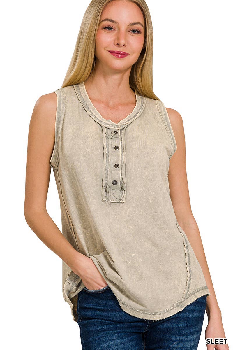 Washed Half-button Raw Edge Sleeveless Henley Top