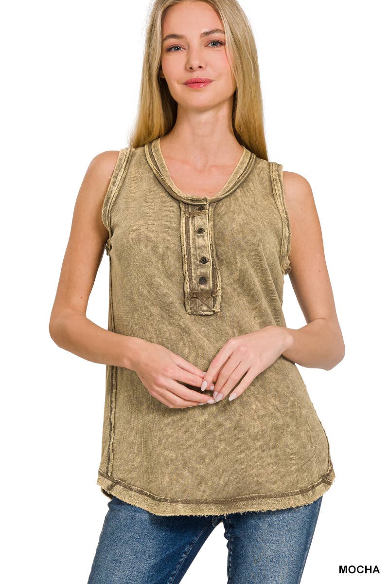 Washed Half-button Raw Edge Sleeveless Henley Top